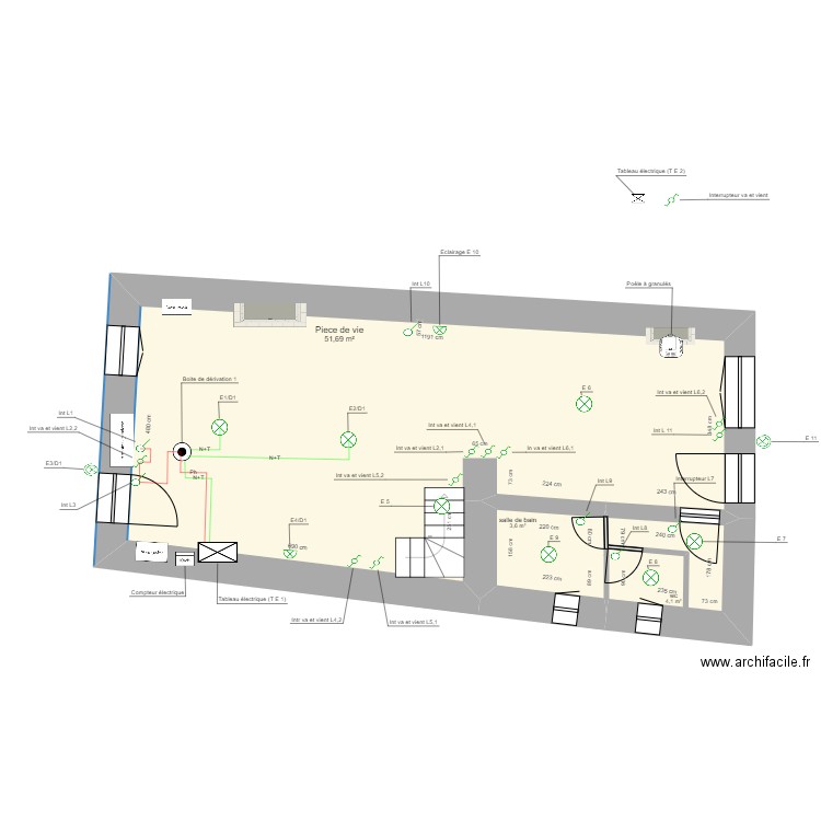 Maison R D C projet Cable eclairage. Plan de 3 pièces et 59 m2