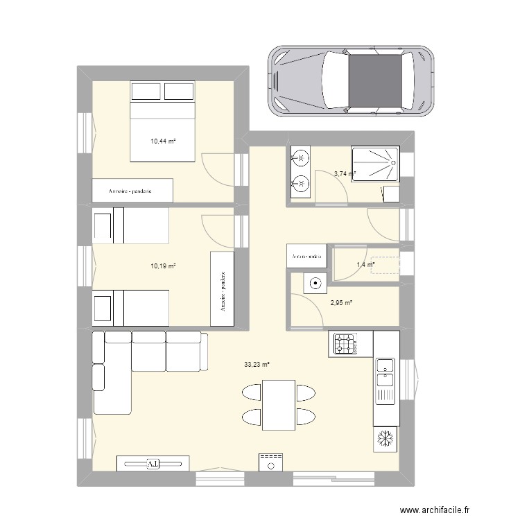 T3 Simone. Plan de 6 pièces et 62 m2