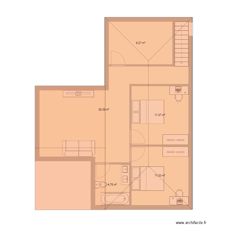 Etage. Plan de 5 pièces et 65 m2