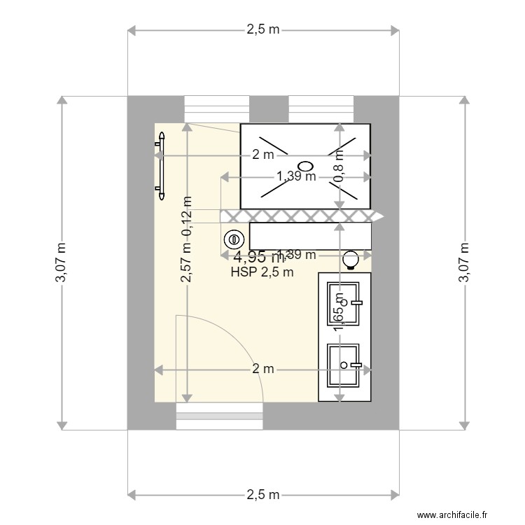 SDB RDC Plouescat. Plan de 1 pièce et 5 m2