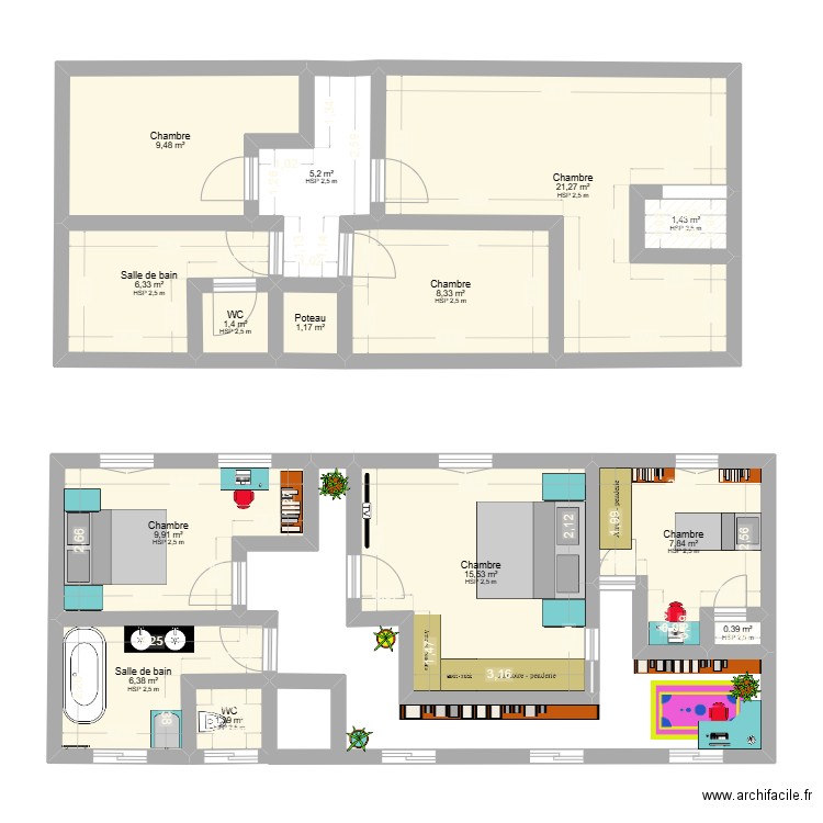 GARGE. Plan de 14 pièces et 96 m2