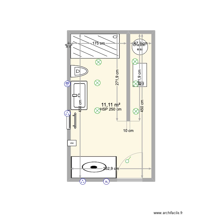 Salle de bain. Plan de 1 pièce et 11 m2