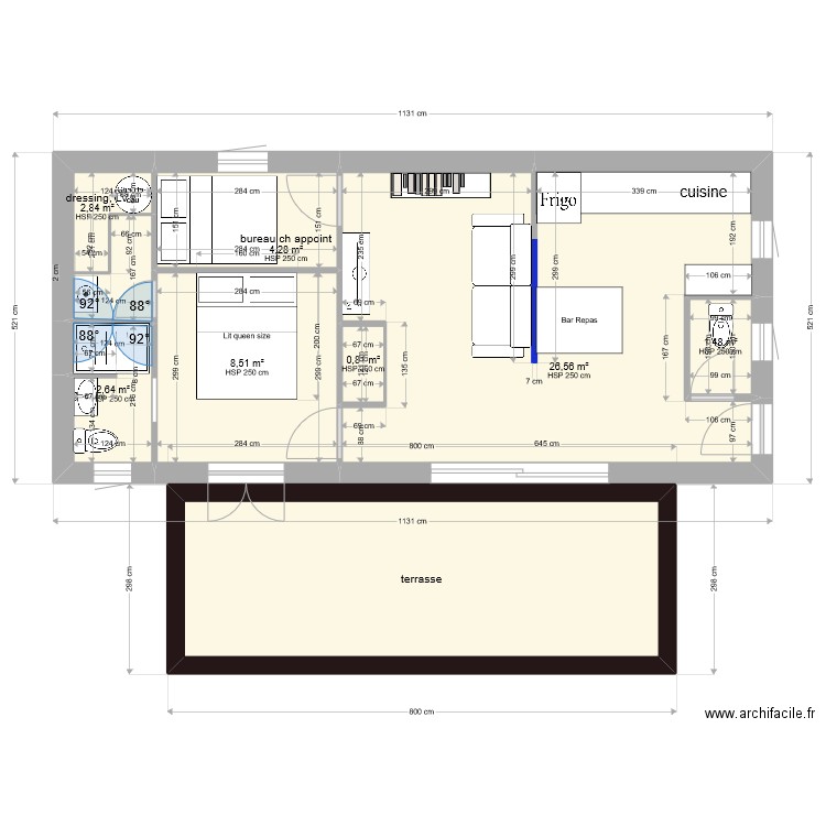 plan maison T 3. Plan de 8 pièces et 65 m2