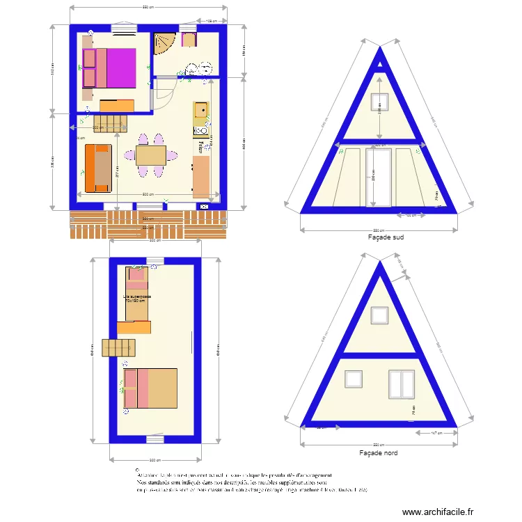 Tipi 550x650 &agrave; &eacute;tage SDB et cuisine. Plan de 
