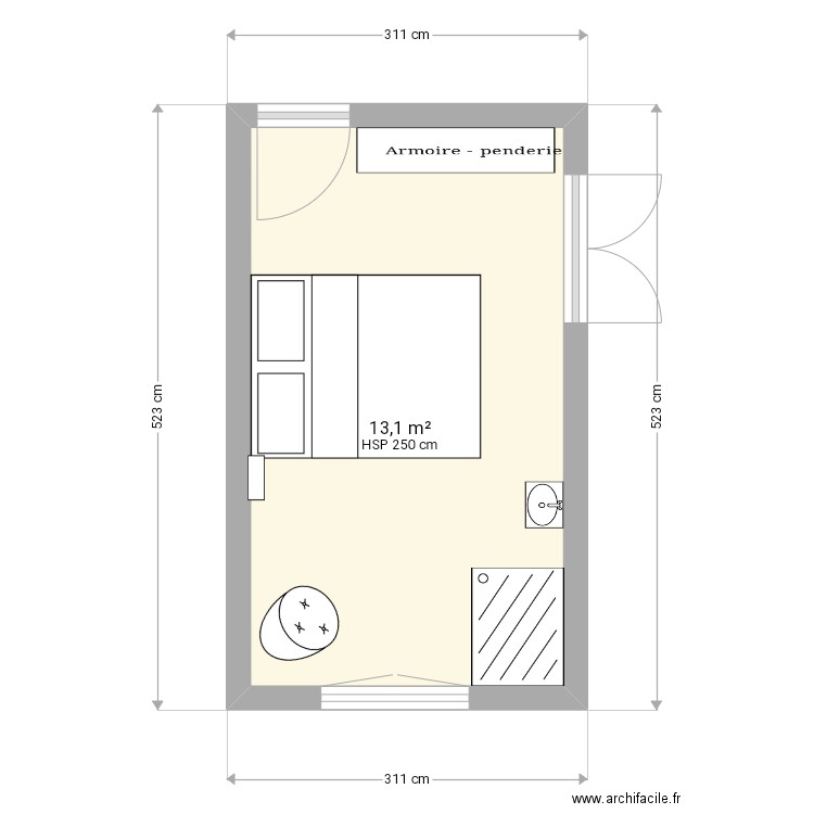 Chambre2. Plan de 1 pièce et 13 m2