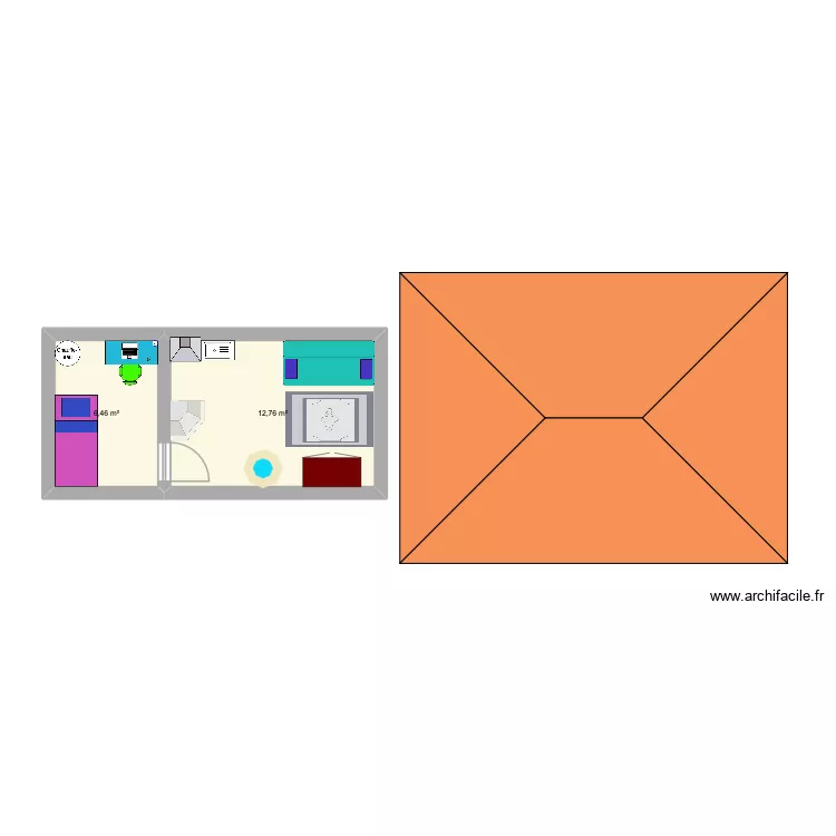 Mur cuisine 2. Plan de 2  et 19 m²