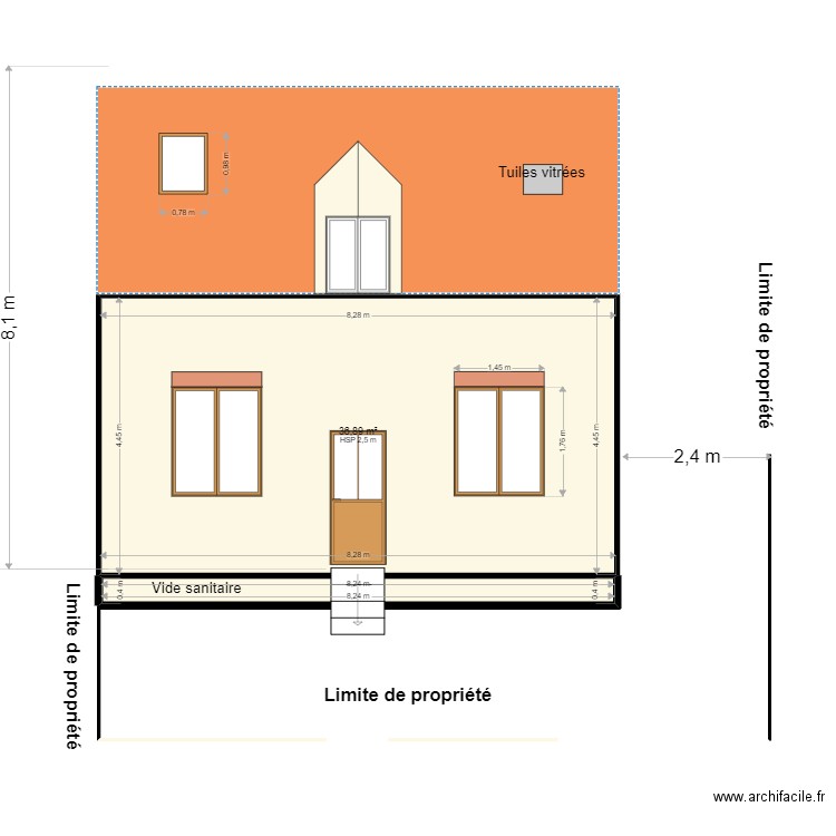 plan façade coté avant travaux face devant. Plan de 0 pièce et 0 m2