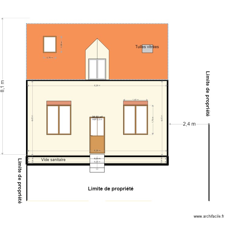 plan façade coté avant travaux face devant. Plan de 2 pièces et 40 m2