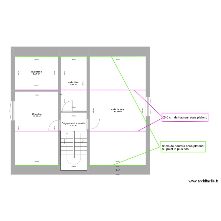 plan maison étage cote sous pente. Plan de 6 pièces et 84 m2