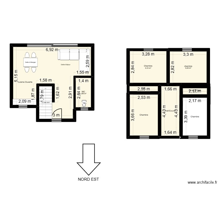 RDC. Plan de 9 pièces et 83 m2