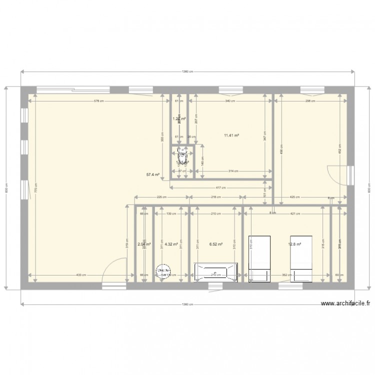 plan 100 m2 1 ouvertures de bases  2 ch fixes 60   160. Plan de 0 pièce et 0 m2