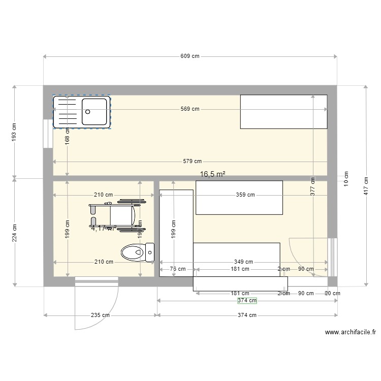 pacifique bar. Plan de 2 pièces et 21 m2