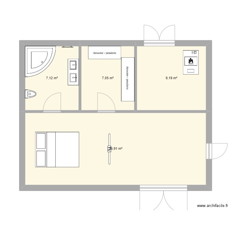 projet chambre 3. Plan de 4 pièces et 50 m2