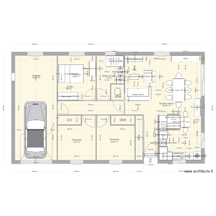 3 chambres. Plan de 9 pièces et 109 m2