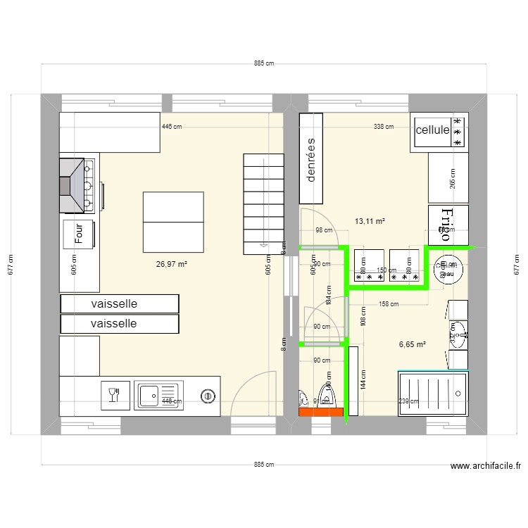 extension dalle 2 cuisine. Plan de 3 pièces et 47 m2