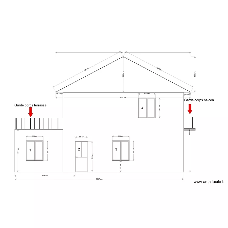Pouanc&eacute; - Fa&ccedil;ade Ouest - Projet. Plan de 