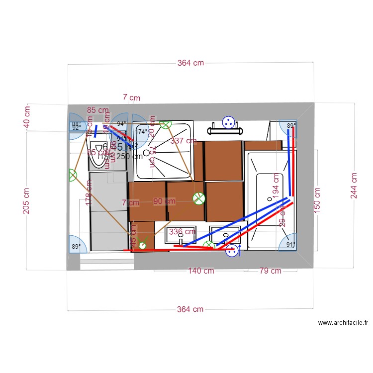 sdb. Plan de 1 pièce et 6 m2