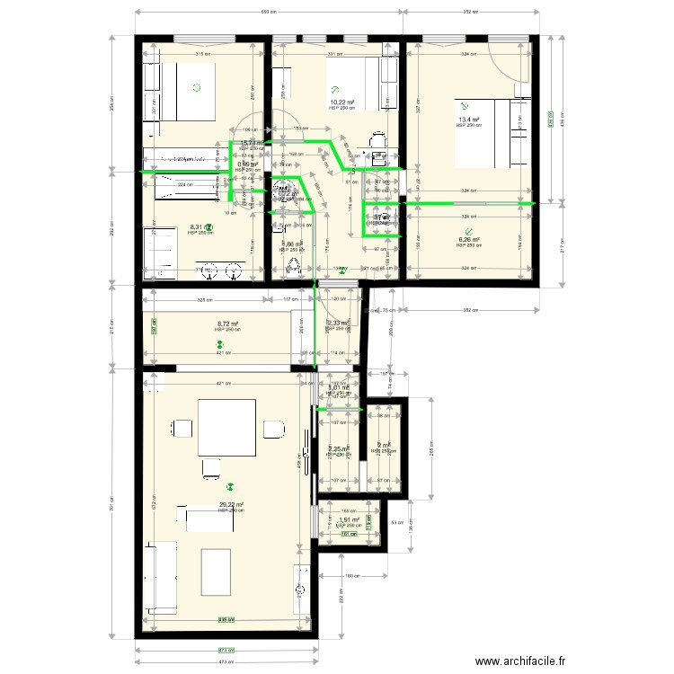 PAOB. Plan de 16 pièces et 106 m2