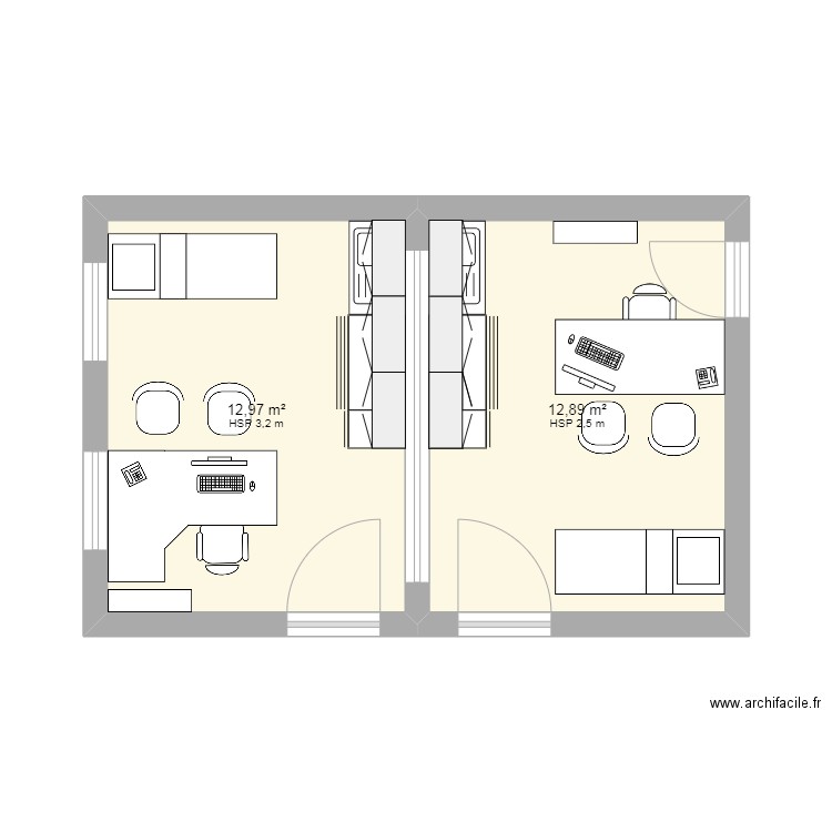 Cabinets 1 et 2. Plan de 2 pièces et 26 m2