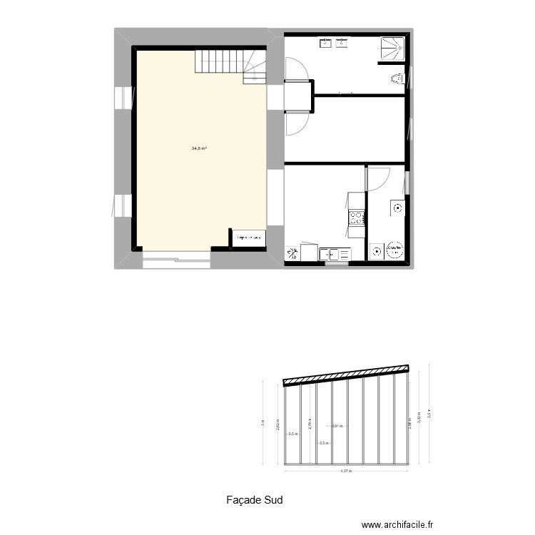 façade sud ossat bois  log 2. Plan de 4 pièces et 88 m2