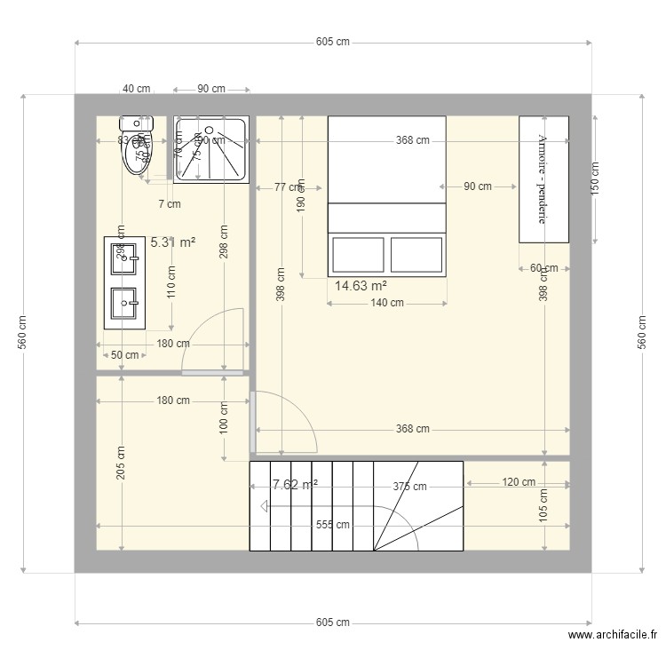 Etage chambre + salle de bains + wc v3. Plan de 3 pièces et 28 m2
