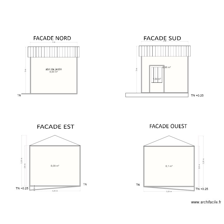 Façades abri de jardin. Plan de 5 pièces et 33 m2