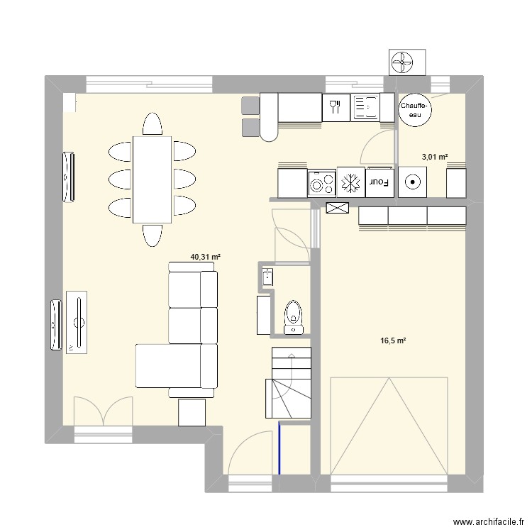RDC. Plan de 3 pièces et 60 m2
