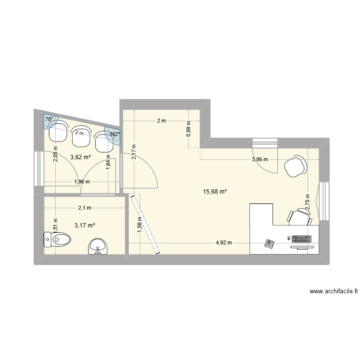 cabinet. Plan de 3 pièces et 22 m2