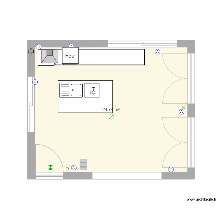 cuisine. Plan de 1 pièce et 25 m2
