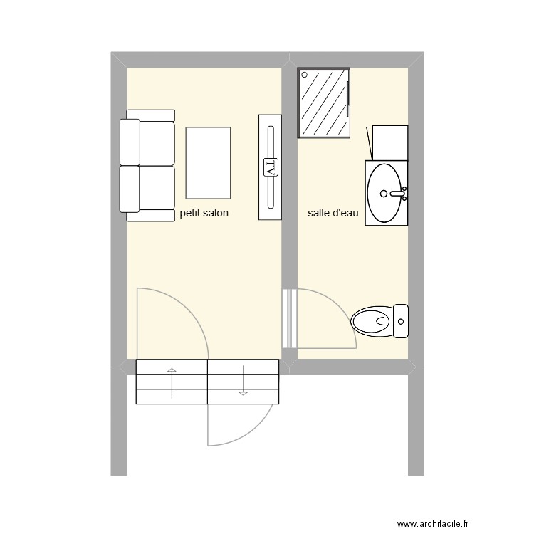 palier entre rdc et 1étage. Plan de 2 pièces et 22 m2
