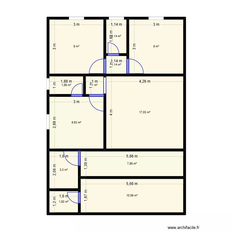 3 chambres et salon. Plan de 12  et 74 m²