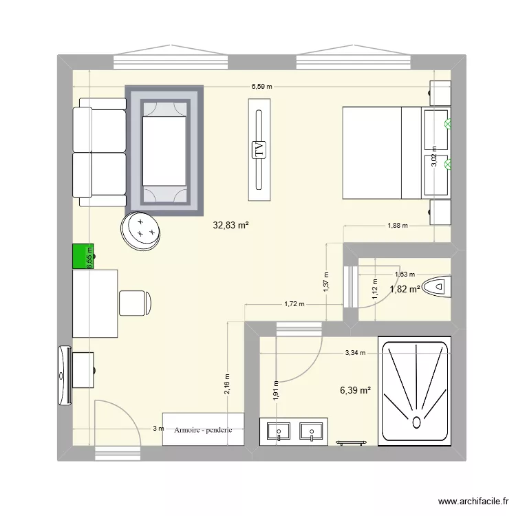 Studio r&eacute;sidence s&eacute;nior. Plan de 3 pièces et 41 m²