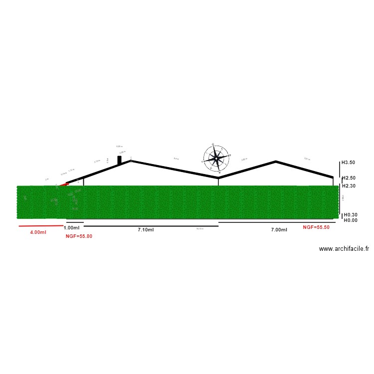 Facade EST                              chalet 67. Plan de 2 pièces et 44 m2