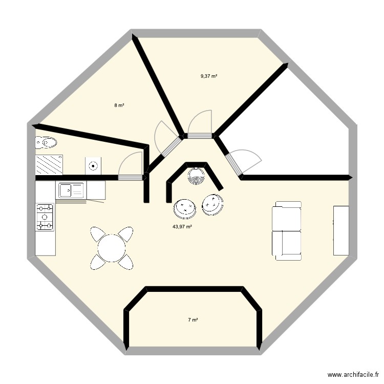 Octogone. Plan de 4 pièces et 68 m2