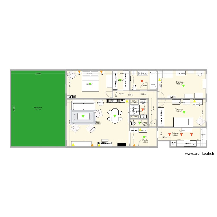 Plan Aguesseau avec cotes mesurées et aménagement + dressing + aménagements V6. Plan de 14 pièces et 128 m2