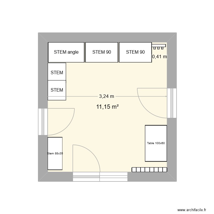 buanderie 2 STEM + angle. Plan de 1 pièce et 11 m2