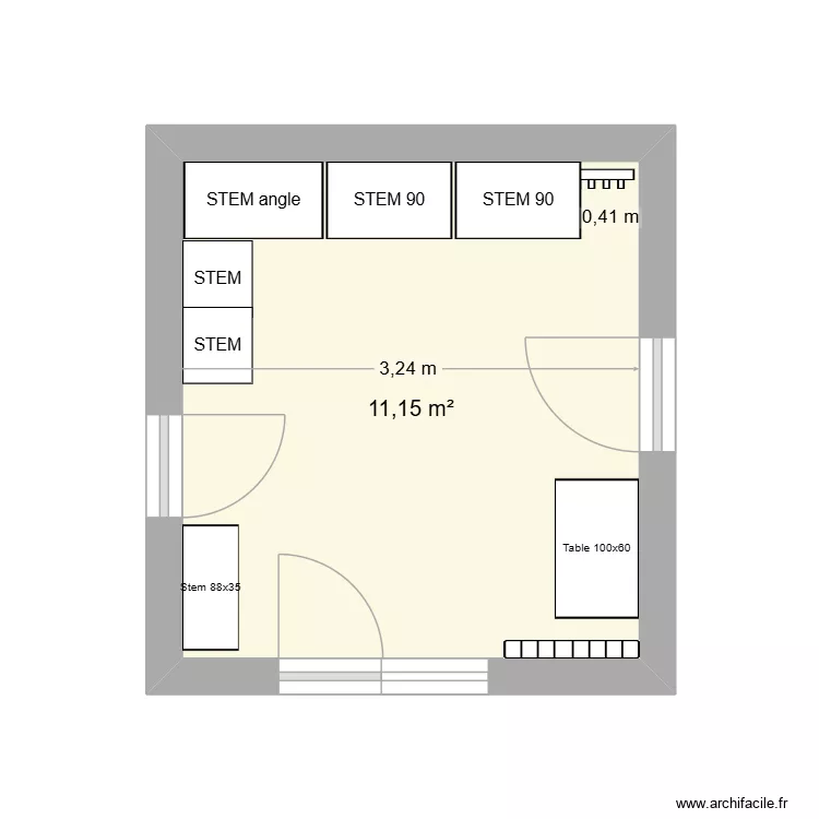 buanderie 2 STEM + angle. Plan de 1  et 11 m²