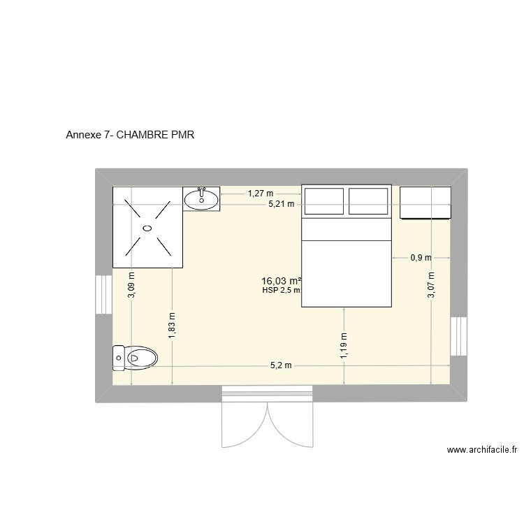CHAMBRE PMR. Plan de 1 pièce et 16 m2