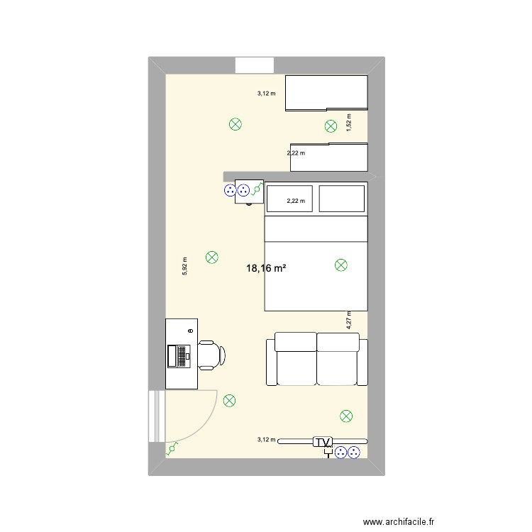 chambre. Plan de 1 pièce et 18 m2