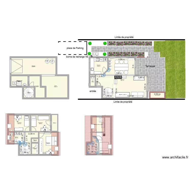 plan maison avec les &eacute;tages et placements aproximatifs. Plan de 20  et 175 m²