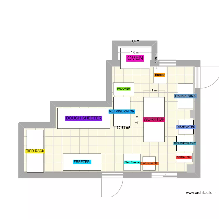 nouveau bakery. Plan de 1  et 31 m²