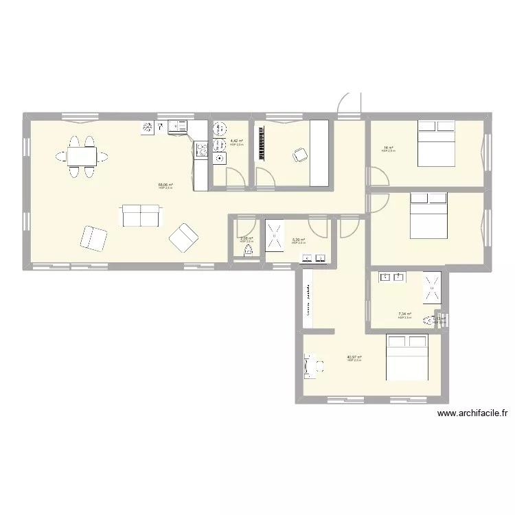 Maison 1 en L. Plan de 8  et 142 m²