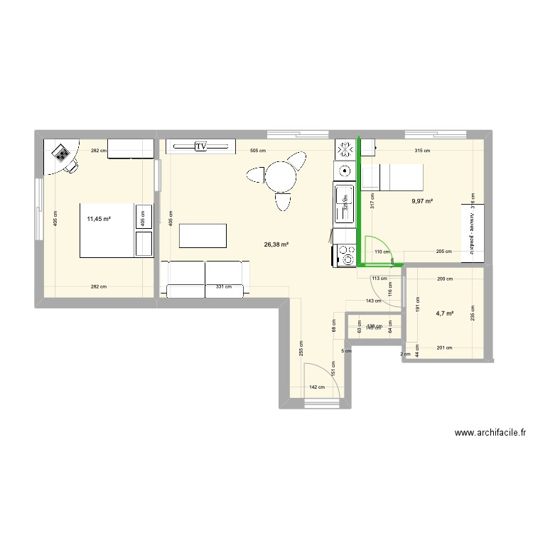 F2 Evry. Plan de 4 pièces et 52 m2