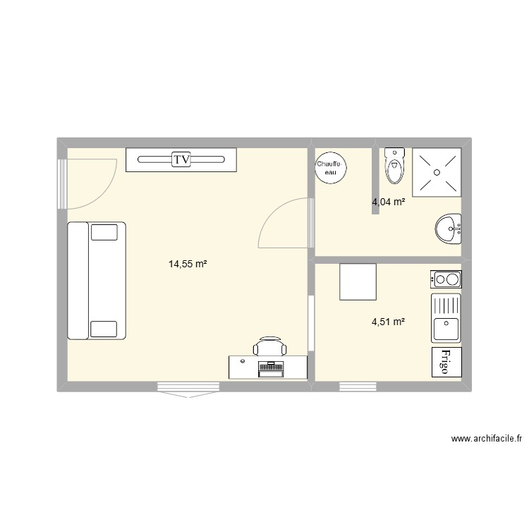 appt Hugo. Plan de 3 pièces et 23 m2