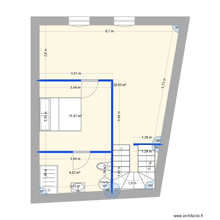 2eme etage. Plan de 3 pièces et 47 m2