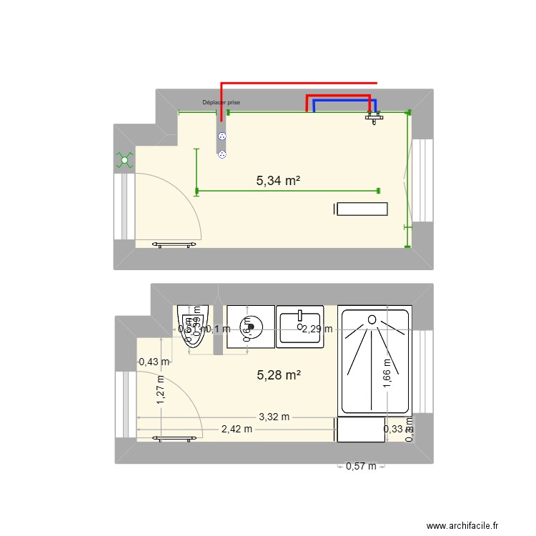 reno sdb collines. Plan de 2 pièces et 11 m2