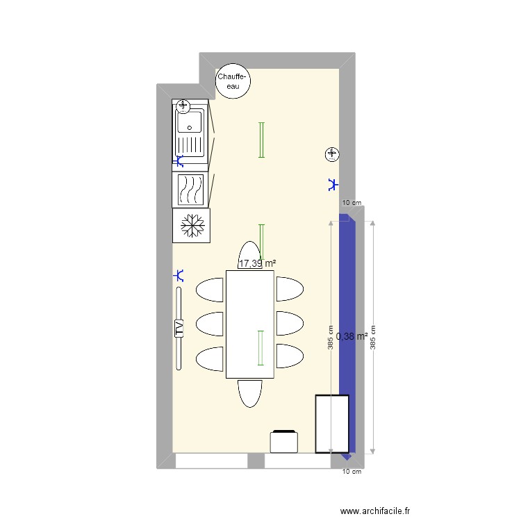 Bureau Arolles A - cuisine coté. Plan de 2 pièces et 18 m2