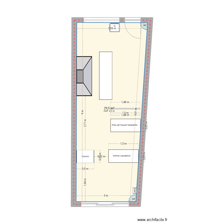 Friterie. Plan de 1 pièce et 30 m2