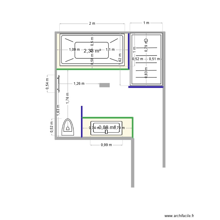 Salle de Bain Parentale V5. Plan de 2 pièces et 3 m2