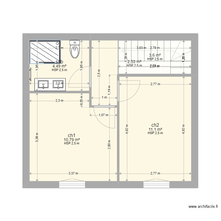 duplex 60m2. Plan de 8 pièces et 69 m2